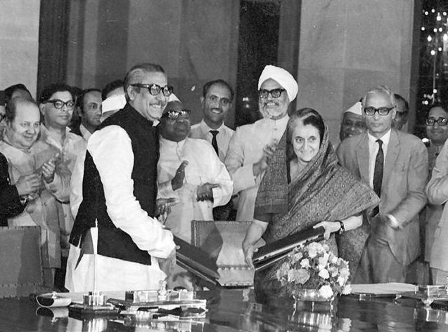 Indian PM Indira Gandhi signs an agreement with her Bangladeshi counterpart BANGABANDHU Sheikh Mujibur Rahman on May 16, 1974.